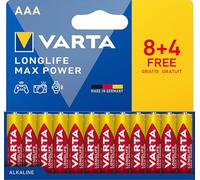 VARTA Pile AAA, 8+4 (12 pezzi), Longlife Max Power, Alcaline, 1,5V, ideale per fotocamere digitali e controller, imballaggio riciclato al 90%, Made in Germany