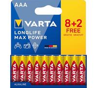 VARTA Pile AAA, Confezione da 10 (8+2), Longlife Max Power, alcaline, 1,5 V | pila AAA LR03, Made in Germany, conservazione fino a 10 anni, per fotocamera digitale, flash, console di gioco o controller