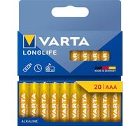 VARTA Pile AAA, confezione da 20, Longlife, Alcaline, 1,5V, ideale per telecomandi, sveglie, radio, orologi da parete, imballaggio riciclato al 90%, Made in Germany