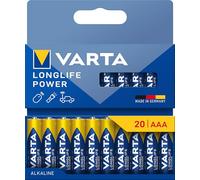 VARTA Pile AAA, confezione da 20, Longlife Power, Alcaline, 1,5V, ideale per giocattoli, mouse wireless, torce elettriche, imballaggio riciclato al 90%, Made in Germany