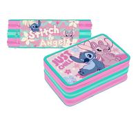 VARZI Astuccio 3 Scomparti 3D Bambini, Per Stitch e Angel Fan, Triplo Riempito, 44 Accessori Scuola Elementare Bambina, 3 Zip, 20 Centimetri