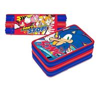 VARZI Astuccio 3 Scomparti, 45 Pezzi, Per Sonic Fan, 2 Penne, Colla, Forbici, Pastelli 4.0, 3 Zip, Bambini, Scuola Elementare e Regalo, Rosso e Blu