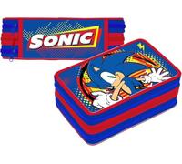 VARZI Astuccio 3 Scomparti, 45 Pezzi, Per Sonic Fan, 2 Penne, Colla, Forbici, Pastelli 4.0, 3 Zip, Bambini, Scuola Elementare e Regalo, Rosso e Blu