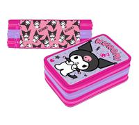 VARZI Astuccio 3 Scomparti Completo, Per Hello Kitty e Kuromi Fan, 44 Pezzi Inclusi, Penne, Matite, Pennarelli, Pastelli, Forbici - Scuola Elementare e Regalo - Gadget Ufficiale Per Bambina