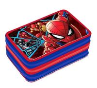 VARZI Astuccio 3 Scomparti - Per Spiderman Fan - 45 Pezzi, Colla, Forbici, Pastelli, Penne, Pennarelli - 3 Zip, Bambini - Scuola Elementare e Regalo - Rosso