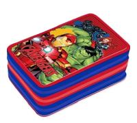 VARZI Astuccio 3D 3 Scomparti Bambini, Per Avengers Fan, Triplo Riempito, 44 Accessori Scuola Elementare, 3 Zip, 20cm, Riga, Pastelli, Pennarelli