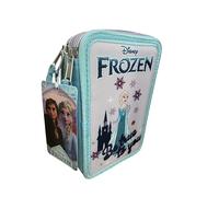VARZI Astuccio Triplo Riempito, Per Bambini, 45 Accessori Scuola Elementare, 3 Zip, Scomparti Organizzati, Penna Gel Cancellabile Blu e Rossa (Frozen)