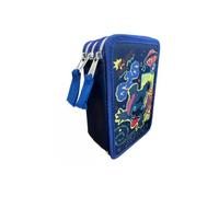 VARZI Astuccio Triplo Riempito, Per Bambini, 45 Accessori Scuola Elementare, 3 Zip, Scomparti Organizzati, Penna Gel Cancellabile Blu e Rossa (Stitch)
