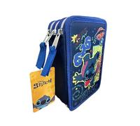 VARZI Astuccio Triplo Riempito, Per Bambini, 45 Accessori Scuola Elementare, 3 Zip, Scomparti Organizzati, Penna Gel Cancellabile Blu e Rossa (Stitch)