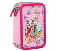 VARZI Astuccio Triplo Riempito, Per Bambini, 45 Accessori Scuola Elementare, 3 Zip, Scomparti Organizzati, Penna Gel Cancellabile Blu e Rossa (Principesse)