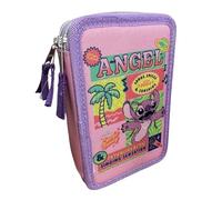 VARZI Astuccio Triplo Riempito, Per Bambini, 45 Accessori Scuola Elementare, 3 Zip, Scomparti Organizzati, Penna Gel Cancellabile Blu e Rossa (Stitch Angel)