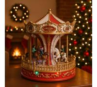 VARZI Carillon Natalizio Giostra a Cavalli con Luci LED Multicolore Lampeggianti, Decorazione da Interno Elegante e Festiva 28cm 1956