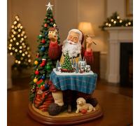 VARZI Carillon Statua Babbo Natale con Albero E Villaggio Luminoso - Trenino Girevole con Musica Timer 1/6h Decorazione Natalizia in Resina 52cm