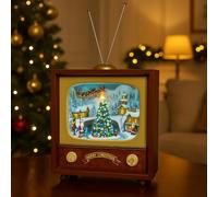 VARZI Carillon Televisione Natalizia con Villaggio Innevato E Albero - Luci LED Figure Girevoli Musica Timer 1/6h - Decorazione MDF Resina Vetro 56cm