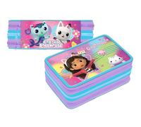 VARZI La Casa delle Bambole di Gabby Astuccio Triplo Riempito 3D Bambina, 45 Accessori Scuola, 3 Zip, Scomparti Organizzati, Pastelli, Pennarelli, Colla, Forbici