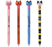 VARZI Olli Set 4 Penne Cancellabili “Le Linguette Cat” - Punta 0,7 mm, Inchiostro Blu e Rosso, Apertura a Linguetta Pop, Gommino Integrato, Design Gattino Colorato