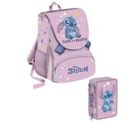 VARZI School Pack Set Scuola Stitch 2 Pezzi con Zaino Ergonomico e Astuccio Completo 3 Zip - Kit Bambina per Elementari - Angel & Stitch (Cute and Fluffy Rosa)