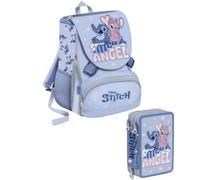VARZI School Pack Set Scuola Stitch 2 Pezzi con Zaino Ergonomico e Astuccio Completo 3 Zip - Kit Bambina per Elementari - Angel & Stitch (Stitch & Angel Azzurro)