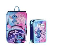 VARZI School Pack Stitch - Zaino Scuola Elementare con Spallacci Ergonomici + Astuccio 3 Zip Completo con Accessori - Kit Bambina Colorato