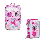VARZI School Pack Zaino Estensibile con Astuccio 3 Zip Heart Lolly | Design Fantasioso e Funzionale | Con 45 Pezzi di Cancelleria | Perfetto per Scuola Elementare