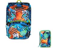 VARZI School Pack Zaino Sdoppiabile e Astuccio 3 Zip Air Tiger | Design Funzionale e Colorato | Con Orecchie in Peluche e 45 Pezzi di Cancelleria