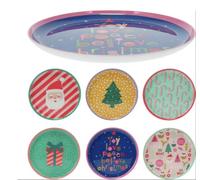 VARZI Set 6 Piatti Natalizi In Melamina Diametro 20cm - Decorazioni Festive Babbo Natale Albero E Dolcetti - Colori Assortiti