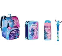 VARZI Set Scuola Completo Stitch 4 Pezzi - Zaino Ergonomico, Astuccio 3 Zip Fornito, Borraccia in Alluminio e Penna Multicolore - Kit Scuola Bambina