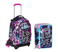 VARZI Seven School Pack Glow Love Trolley Jack 3WD Stile e Praticità per la Scuola: Trolley + Astuccio Triplo 3 Zip Completo 45 Pezzi 1956