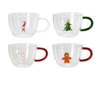 VARZI Tazzina Natalizia In Vetro Con Decorazioni 11cm - Tazza Trasparente 300ml Con Decoro Interno In Vetro Soffiato Simboli Natalizi E Manico Colorato