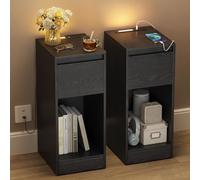 VASAGLE 2 Comodini Stretti, Tavolini da Salotto, con LED | 1 Porta USB-A, 1 Porta USB-C, Cassetto e Scomparto, per Camera da Letto, Soggiorno, Nero Ebano, Set di 2, KAILYN LET710B01