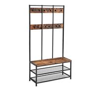 VASAGLE Appendiabiti con Panca Scarpiera, Attaccapanni con 12 Ganci e Ripiani, Scaffale per Corridoio, Ufficio, Camera da Letto, Struttura in Acciaio, Stile Industriale, Marrone Vintage e Nero HSR86BX