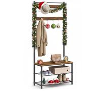 VASAGLE Appendiabiti con ripiano per scarpe, mobile d'ingresso con panca, 3 in 1, telaio in acciaio, per ingresso, corridoio, 32 x 70 x 177 cm, stile industriale, marrone rustico e nero HSR41BX