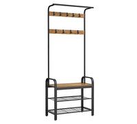 VASAGLE Appendiabiti con Scarpiera, 4 in 1, 73.6 x 34 x 183.5 cm | Mobile da Ingresso con Panca, 9 Ganci Rimovibili, Barra Attaccapanni, Marrone Miele e Nero Opaco, DACEY HSR040B41