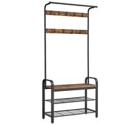 VASAGLE Appendiabiti con Scarpiera, 4 in 1, 84 x 33.7 x 183 cm | Mobile da Ingresso con Panca, 9 Ganci Rimovibili, Barra Attaccapanni, Marrone Vintage e Nero Opaco, DACEY HSR400B01