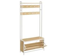 VASAGLE Appendiabiti con Scarpiera a Ribalta, con Panca, 9 Ganci | Mobile da Ingresso, Mensola Superiore, Stile Moderno, Rovere Dorato e Bianco Opaco, Collezione BARNET HSR405W09