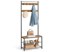 VASAGLE Appendiabiti con Scarpiera, Mobile da Ingresso con Panca, 3 in 1 | 70 x 32 x 177 cm, Struttura in Acciaio, Stile Tradizionale di base, Marrone Miele e Nero Opaco, Collezione DACEY HSR041B41