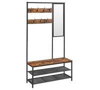 VASAGLE Appendiabiti con Scarpiera, Mobile Ingresso, 98 x 35 x 180 cm | Con Ganci, Specchio, Panca e Ripiani, Tradizionale, Marrone Vintage e Nero Opaco, Collezione DACEY HSR415B01