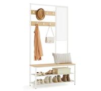 VASAGLE Appendiabiti con Scarpiera, Mobile Ingresso con Ganci, Specchio, Panca e Ripiani, 35 x 98 x 180 cm, Corridoio Camera da Letto Salotto, Moderno, Color Rovere e Bianco Nuvola HSR415W09