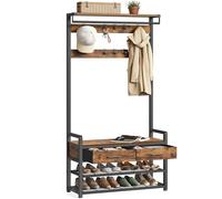 VASAGLE Appendiabiti da Ingresso, Mobile da Ingresso con 10 Ganci Rimovibili, 2 Cassetti, Panca Scarpiera, Design Separabile, 30 x 80,4 x 181,6 cm, Marrone Vintage e Nero Inchiostro HSR429B01
