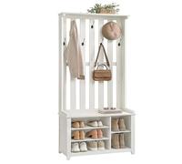 VASAGLE Appendiabiti Ingresso con Panca Scarpiera, 7 Ganci Doppi | Mobile Ingresso da Terra, Corridoio Camera da Letto Soggiorno, 81 x 35 x 180 cm, Bianco Vintage, Collezione HELAN HSR414W01