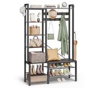 VASAGLE Appendiabiti Ingresso con Panca Scarpiera e 5 Ripiani Portaoggetti, 9 Ganci Attaccapanni e 6 Ganci Laterali, 40 x 120 x 190 cm, Grigio Pietra e Nero Inchiostro HSR426B04