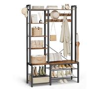 VASAGLE Appendiabiti Ingresso con Panca Scarpiera e 5 Ripiani Portaoggetti, 9 Ganci Attaccapanni e 6 Ganci Laterali, 40 x 120 x 190 cm, Marrone Vintage e Nero Inchiostro HSR426B01