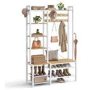 VASAGLE Appendiabiti Ingresso con Panca Scarpiera e 5 Ripiani Portaoggetti, 9 Ganci Attaccapanni e 6 Ganci Laterali, 40 x 120 x 190 cm, Rovere Dorato e Bianco Nuvola HSR426Y01