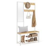VASAGLE Appendiabiti, Mobile Ingresso con Ganci, Specchio, Panca Scarpiera e Ripiani, 36 x 98 x 185 cm, Corridoio Camera da Letto Salotto, Color Rovere e Bianco HSR050W09