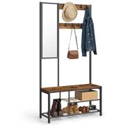 VASAGLE Appendiabiti, Mobile Ingresso con Ganci, Specchio, Panca Scarpiera e Ripiani, 36 x 98 x 185 cm, Corridoio Camera da Letto Salotto, Marrone Vintage e Nero HSR050B01