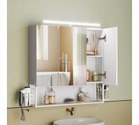 VASAGLE Armadietto da Bagno con Luce LED, Mobile a Parete con Specchio | Prese Elettriche, Cestino Pensile, Porta Asciugacapelli, 70 x 16,3 x 70 cm, Bianco e Argento, Collezione DACEY BBK124W14