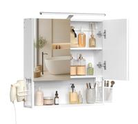 VASAGLE Armadietto da Bagno con Luce LED, Spina, Cestino Pensile, Porta Asciugacapelli, Mobile a Parete con Specchio, 13 x 56 x 58 cm, 2 Ante a Specchio, Bianco Nuvola BBK224WB01