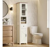 VASAGLE Armadietto da Bagno Stile Country, Mobiletto Salvaspazio | Scomparti Aperti, 1 Cassetto, con Ante, Bianco Vintage e Marrone Miele, 33 x 31,5 x 171 cm, LIRY Collezione BBK660W101