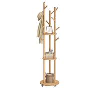 VASAGLE Attaccapanni da Terra, Appendiabiti con 11 Ganci e 3 Ripiani, 4 Ruote Girevoli a 360°e Rimovibili, Ganci e Pali in Legno, per Ingresso Camera da Letto Salotto, Colore Naturale RCR023YK01