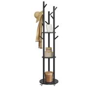 VASAGLE Attaccapanni da Terra, Appendiabiti con 11 Ganci e 3 Ripiani, 4 Ruote Girevoli a 360°e Rimovibili, Ganci e Pali in Legno, per Ingresso Camera da Letto Salotto, Nero Inchiostro RCR023B01